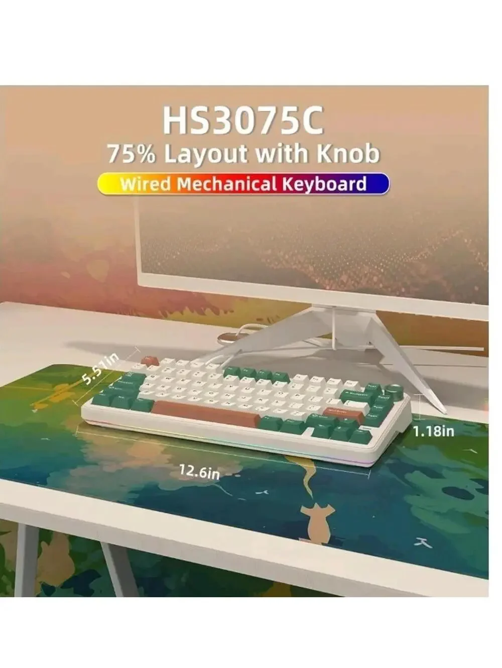 Hello Ganss 75% Retro GREEN Wired Hot Swap Mechanical Gaming Keyboard w/Knob